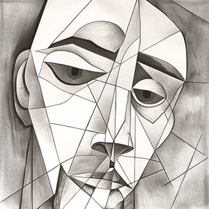 メランコリックな顔の肖像を描いた抽象的でプリミティブな鉛筆画 作： F. Abderrahim