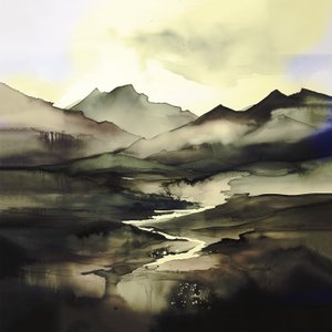 抽象的な水彩風景 ダークパープル＆ブルー｜キャンバスプリント 作： F. Abderrahim