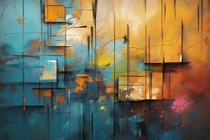 キャンバスにアクリル画, ブルー, オレンジ＆イエロー, 寝室の壁飾り 作： F. Abderrahim