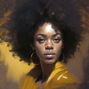 アフリカ女性の肖像、乱れた髪、キャンバスに油絵、壁掛けアートプリント 作： F. Abderrahim