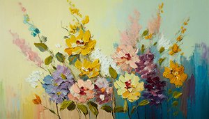 花瓶に生けられたアンティークの花、キャンバスに描かれた抽象的な花、ウォールアートプリント 作： F. Abderrahim