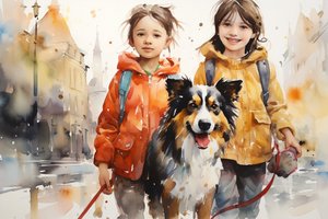 犬と子供の水彩肖像画、壁掛けアート、canvaプリント 作： F. Abderrahim