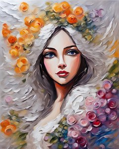花に囲まれた美しい若い女性、花と美のウォールアートプリント 作： F. Abderrahim