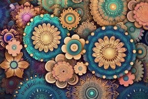 カラフルな曼荼羅の花、鮮やかな美しさの庭、ウォールアートプリント 作： F. Abderrahim