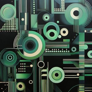暗い黒の背景に複雑な幾何学模様の絵画、ファインアート プリント