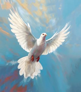 飛行中の鳩、平和のシンボルの鳥、ミニマリストの油絵、壁のアートプリント 作： F. Abderrahim