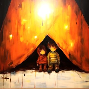 無邪気な2人の子供のドローイング、シュールなウォールアート｜キャンバスプリント 作： F. Abderrahim