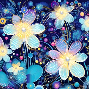 草間彌生スタイル、青い花のモチーフ、ファインアート・プリント・オンライン 作： F. Abderrahim