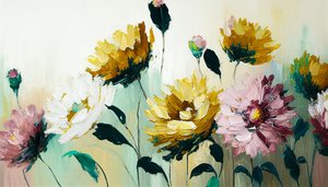 横長のキャンバスに描かれた花柄の静物画。 作： F. Abderrahim