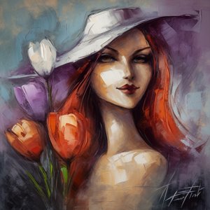 印象派の少女の肖像画とクロッカスの花、アクリルの花のキャンバス画 作： F. Abderrahim