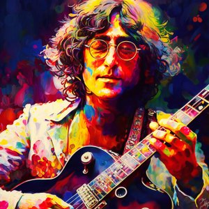 ギターを弾くジョン・レノンの肖像画ミュージシャン、70年代の音楽壁掛けアートプリント 作： F. Abderrahim