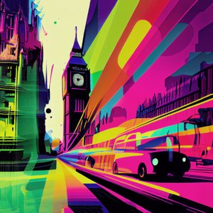 ロンドンのカラフルなシュルレアリスム漫画、コミック抽象画、イギリスの壁掛けアートプリント 作： F. Abderrahim