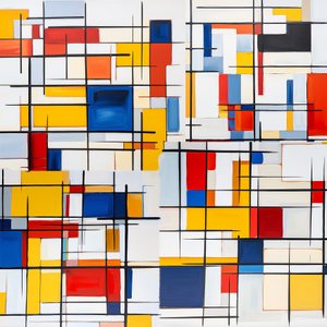 モンドリアンの赤、青、黄色のコンポジション、リビングルームの壁飾り 作： F. Abderrahim