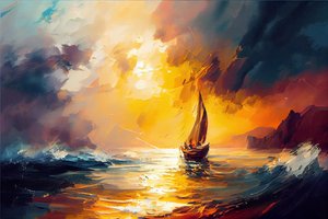 海でヨット、キャンバスに海景日の出の絵、壁アートプリント