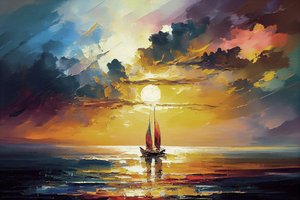 帆船の海景、キャンバスのオレンジ色の夕日、壁の装飾のアイデア、アートプリント