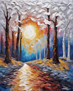 森を抜ける夕日、風景画キャンバスプリント、鮮やかな色彩の絵画 作： F. Abderrahim