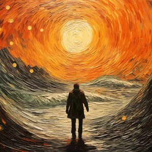 超現実的な光景、海の波に浮かぶ男、フィンセント・ファン・ゴッホ印象派風 作： F. Abderrahim