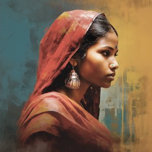 銀のイヤリングをつけたインドの伝統的な女性、ポートレート・ウォールアート・プリント 作： F. Abderrahim