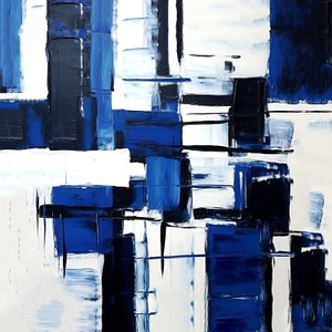 抽象表現主義 幾何学的グリッド 黒と青のコンポジション, 壁掛け アート プリント 作： F. Abderrahim