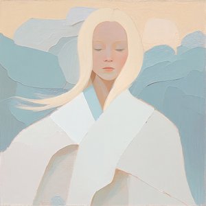 白いブロンドの女性の肖像画、抽象画、額装されたキャンバスプリント