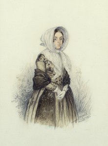 白い手袋をしたボンネットの若い女性の肖像、1840年（トイレと紙に鉛筆）