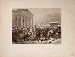 ビクターアダム（1801-66）とルイピエールアルフォンスビシェボワ（1801-50）1812によって刻まれたヴィルナの市庁舎広場でのフランス軍の後退 作： F. Daniel