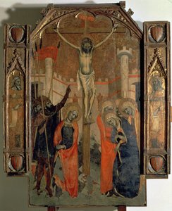 磔刑、アルムダイナの大祭壇画の中央パネルの上部、1358 年に完成 (パネル上のテンペラ) 作： F. Bassa and R. Destorrents