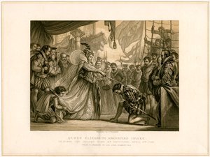 「1581 年 4 月 4 日、ゴールデン ハインドに乗った女王エリザベス ナイト ドレイク」、19 世紀 作： F Fraenkel