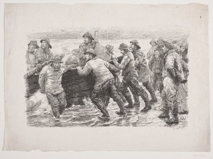 ボートを水に入れる過程の漁師 作： F. Hendriksen