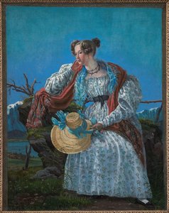 ノルウェーの風景に座っている若い女性