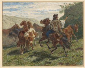 ハンガリーのライダーが数頭の馬を背景に追いやる 作： F. Smithson
