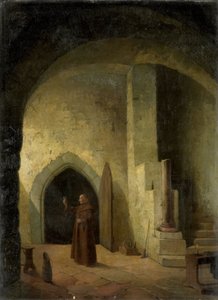 地下室でグラスを手にした修道士 作： F. Taupel