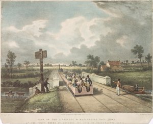 1831年にABクレイトンによって彫刻された、ブリッジウォーターズ公の運河を横切る地点にあるリバプールとマンチェスターの鉄道道路の眺め 作： F. after Nicholson
