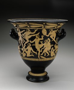 踊るサテュロスを従えた白像のベル・クラター 紀元前400～351年 （テラコッタ） 作： Faliscan