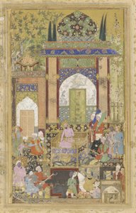 バブールは廷臣を受ける、1580-85 作： Farrukh Beg
