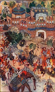 アクバル大帝が州の彼の街に入る、1572年、1590-1595年、1930年。 作： Farrukh Beg