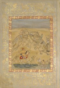 象の戦いを見ているジャハンギール。 1605年。 作： Farrukh Chela