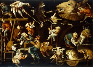架空の動物と小人の戦い、飲酒、死体 作： Faustino Bocchi or Boccasi