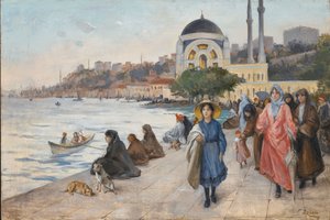 ボスポラス海峡のほとりのマファルダ、背景のドルマバフチェモスク（キャンバスに油彩） 作： Fausto Zonaro