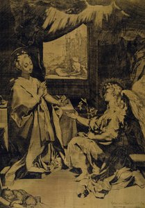 受胎告知」（イエローシルクタフタにエッチング、エングレービング、ドライポイント 作： Federico Fiori Barocci or Baroccio
