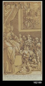 ニコラスルスール（1691-1764）によって彫刻された教皇グレゴリー7世（1020-85）の足元にあるアンリ4世（1050-1106）の皇帝