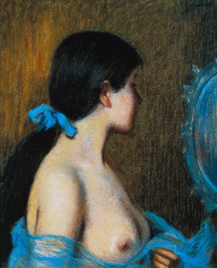 鏡を見る若い女性」フェデリコ・ザンドメネギ（1841-1917）作、紙にパステル、キャンバスにマウント、46x38cm
