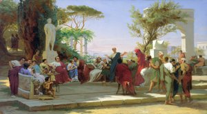 ホラティウス、マエセナスへの風刺を読む、1863年（段ボールに油彩） 作： Fedor Andreevich Bronnikov