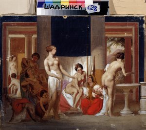 ポンペイの女湯 (イタリア) (ポンペイの女湯)。 Feodor Andreyevich Bronnikov (1827-1902) による絵画。 キャンバスに油彩 作： Fedor Andreevich Bronnikov