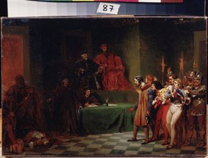 ヴェネツィア (イタリア) の 3 つの評議会の前のモザイク アーティスト (ヴェネツィアの 3 つの評議会の前のモザイク アーティスト)。 Feodor Andreyevich Bronnikov (1827-1902) による絵画。 キャンバスに油彩、1886 年以前、25.5 x 37.5 cm、ロシア美術。 州立A.ラディシチョフ美術館、 作： Fedor Andreevich Bronnikov