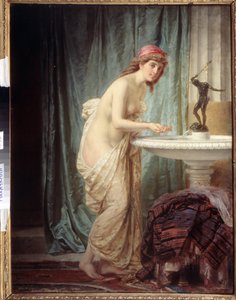 オリエンタリズム「朝のトイレ」シーツだけを身にまとった若い女性が噴水でリフレッシュ。 Feodor Andreyevich Bronnikov (1827-1902) による絵画 ダゲスタン共和国国立美術館、マハチカラ、ロシア