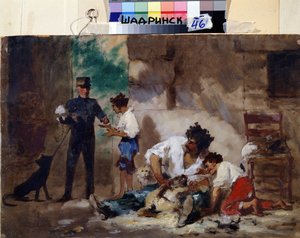ナポリの犬のトリマー (イタリア) (ナポリの犬のトリマー)。 Feodor Andreyevich Bronnikov (1827-1902) の作品。 ボール紙に油彩、33 x 50 cm、ロシアのアート。 地域研究博物館、シャドリンスク (ロシア)。 作： Fedor Andreevich Bronnikov