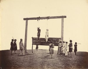 1857年、ラクナウに絞首刑にされた第31先住民歩兵連隊の2つのセポイ 作： Felice Beato