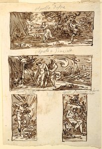 アポロ神話の4つの絵; マントルピースの壁の装飾、サラ ディ アポロ、パラッツォ カヴィーナ、ファエンツァ 作： Felice Giani