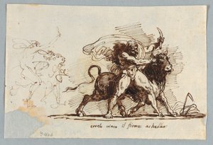 ヘラクレスは雄牛アケラスからホーンをレンダリングします 作： Felice Giani